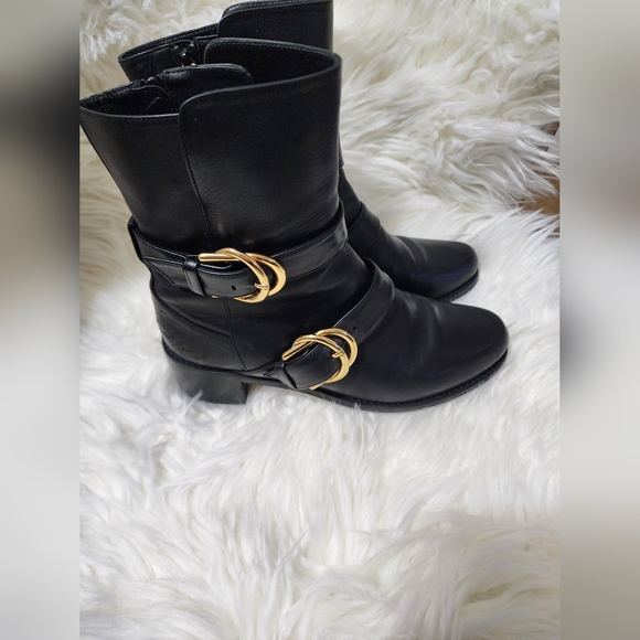 Stuart Weitzman Black Leather Ankle Boots with Gold Buckles - Picture 2 of 10